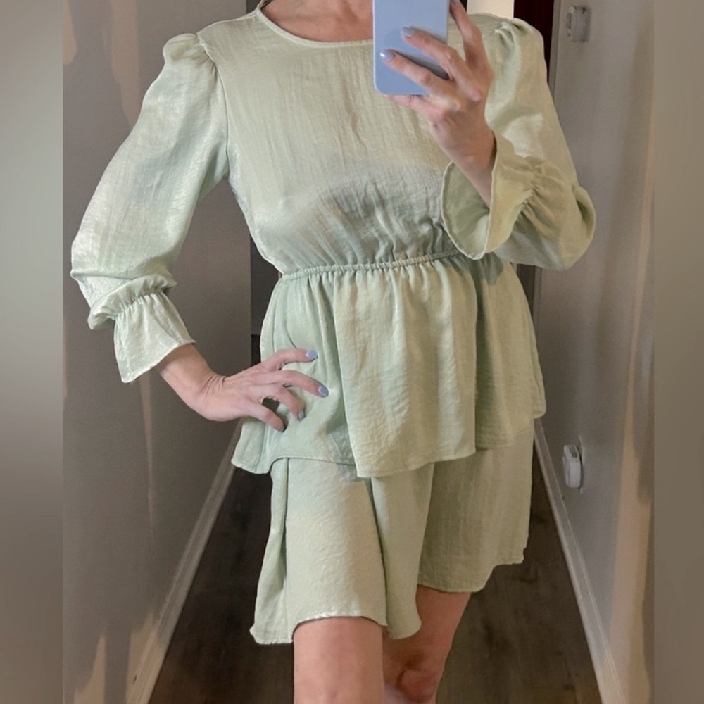 Anthropologie FLOUNCE sea green long sleeve feminine and luxurious ruffle dress - Picture 11 of 11